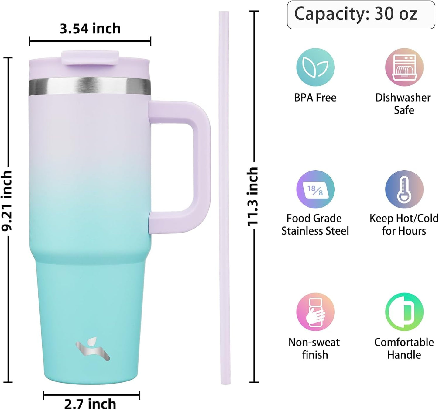 40 oz Insulated Tumbler Water Bottle with Handle, Straw Lid | BPA-free and dishwasher safe; made for gym, travel, coffee and gifting, 2 straws, cup holder friendly,Indigo Black