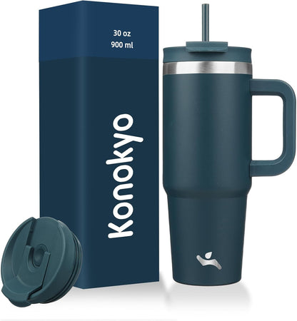 40 oz Insulated Tumbler Water Bottle with Handle, Straw Lid | BPA-free and dishwasher safe; made for gym, travel, coffee and gifting, 2 straws, cup holder friendly,Indigo Black