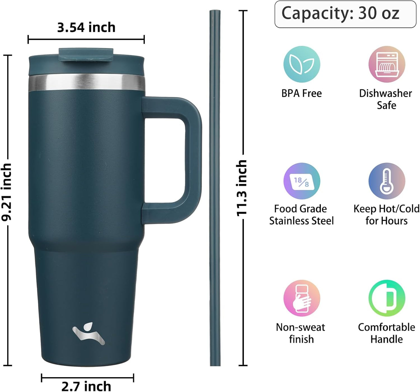 40 oz Insulated Tumbler Water Bottle with Handle, Straw Lid | BPA-free and dishwasher safe; made for gym, travel, coffee and gifting, 2 straws, cup holder friendly,Indigo Black