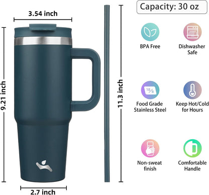 40 oz Insulated Tumbler Water Bottle with Handle, Straw Lid | BPA-free and dishwasher safe; made for gym, travel, coffee and gifting, 2 straws, cup holder friendly,Indigo Black