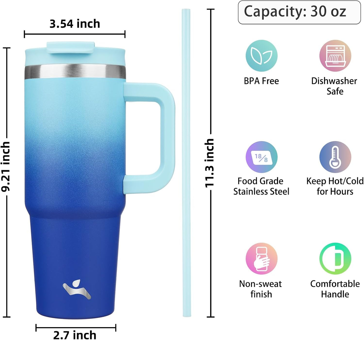 40 oz Insulated Tumbler Water Bottle with Handle, Straw Lid | BPA-free and dishwasher safe; made for gym, travel, coffee and gifting, 2 straws, cup holder friendly,Indigo Black
