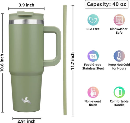 40 oz Insulated Tumbler Water Bottle with Handle, Straw Lid | BPA-free and dishwasher safe; made for gym, travel, coffee and gifting, 2 straws, cup holder friendly,Indigo Black