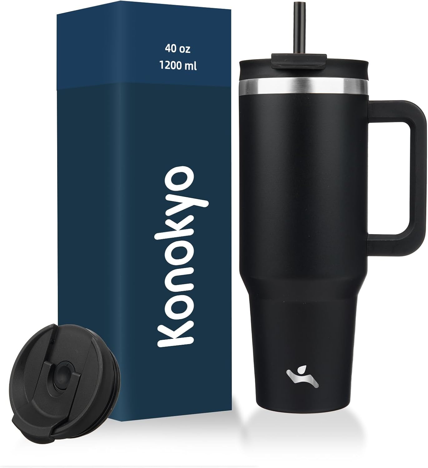 40 oz Insulated Tumbler Water Bottle with Handle, Straw Lid | BPA-free and dishwasher safe; made for gym, travel, coffee and gifting, 2 straws, cup holder friendly,Indigo Black