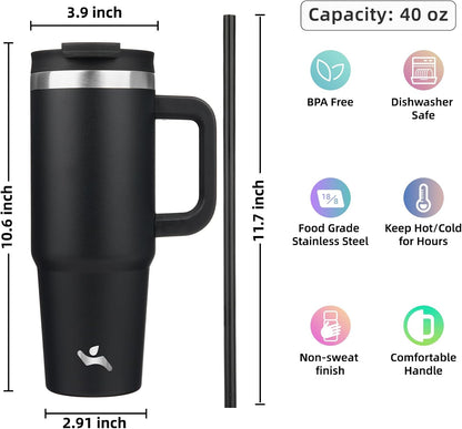40 oz Insulated Tumbler Water Bottle with Handle, Straw Lid | BPA-free and dishwasher safe; made for gym, travel, coffee and gifting, 2 straws, cup holder friendly,Indigo Black