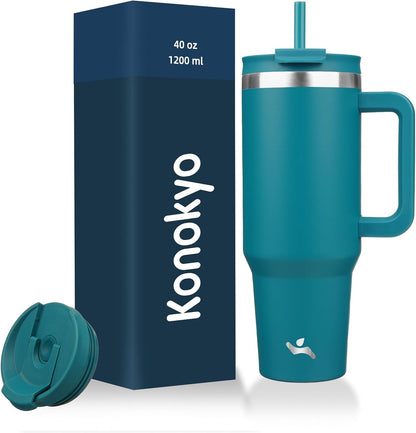 40 oz Insulated Tumbler Water Bottle with Handle, Straw Lid | BPA-free and dishwasher safe; made for gym, travel, coffee and gifting, 2 straws, cup holder friendly,Indigo Black