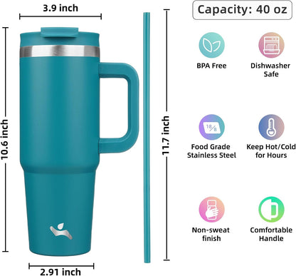 40 oz Insulated Tumbler Water Bottle with Handle, Straw Lid | BPA-free and dishwasher safe; made for gym, travel, coffee and gifting, 2 straws, cup holder friendly,Indigo Black