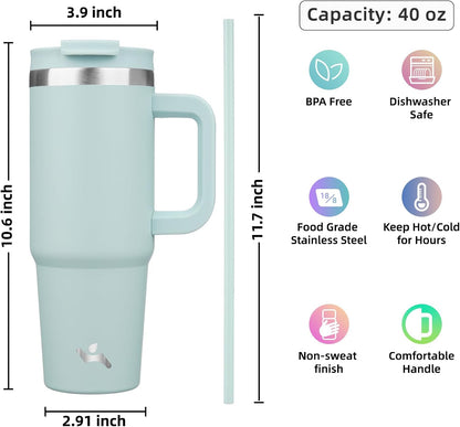 40 oz Insulated Tumbler Water Bottle with Handle, Straw Lid | BPA-free and dishwasher safe; made for gym, travel, coffee and gifting, 2 straws, cup holder friendly,Indigo Black