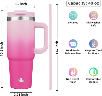 40 oz Insulated Tumbler Water Bottle with Handle, Straw Lid | BPA-free and dishwasher safe; made for gym, travel, coffee and gifting, 2 straws, cup holder friendly,Indigo Black