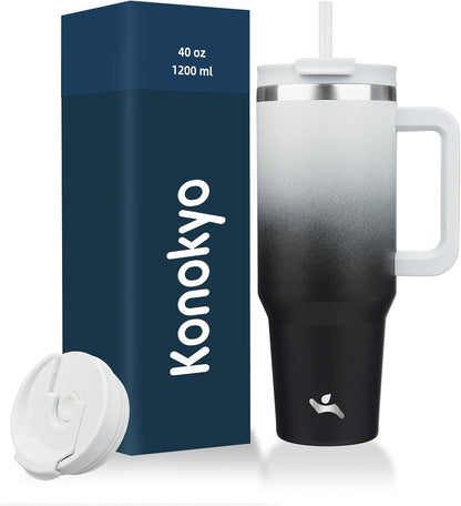40 oz Insulated Tumbler Water Bottle with Handle, Straw Lid | BPA-free and dishwasher safe; made for gym, travel, coffee and gifting, 2 straws, cup holder friendly,Indigo Black