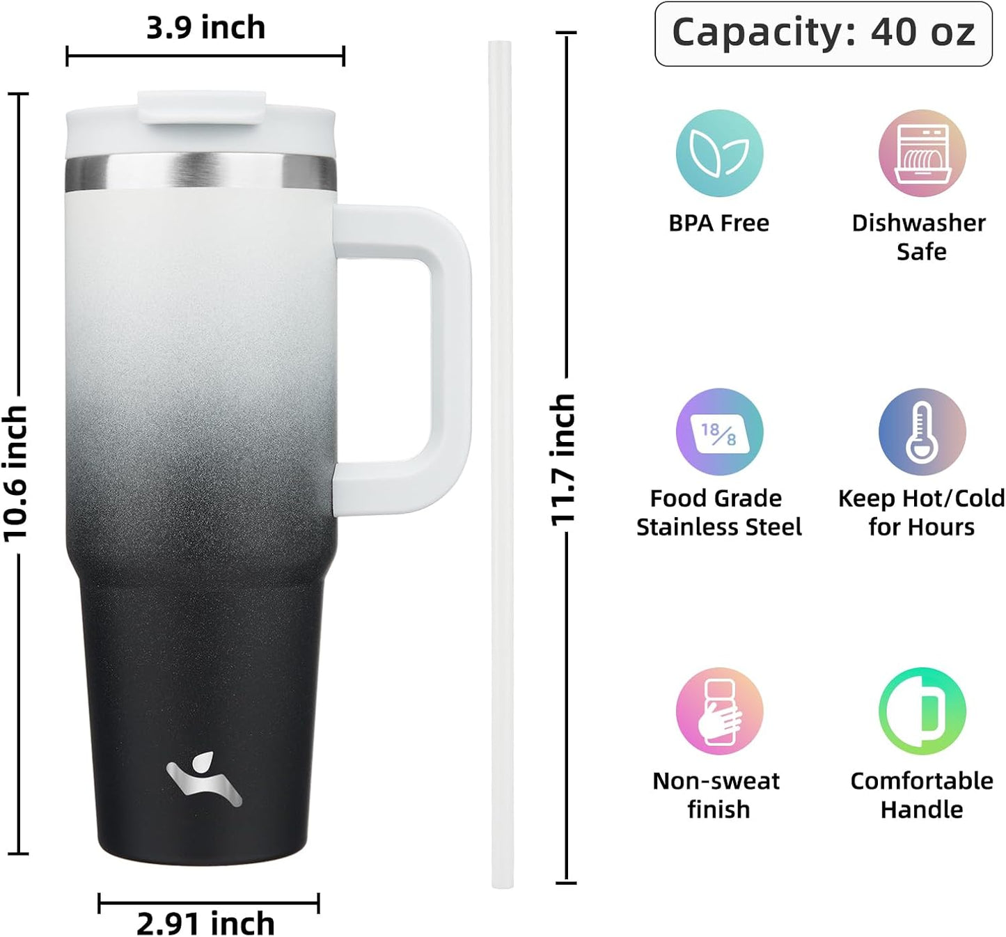 40 oz Insulated Tumbler Water Bottle with Handle, Straw Lid | BPA-free and dishwasher safe; made for gym, travel, coffee and gifting, 2 straws, cup holder friendly,Indigo Black