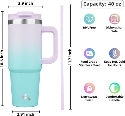 40 oz Insulated Tumbler Water Bottle with Handle, Straw Lid | BPA-free and dishwasher safe; made for gym, travel, coffee and gifting, 2 straws, cup holder friendly,Indigo Black