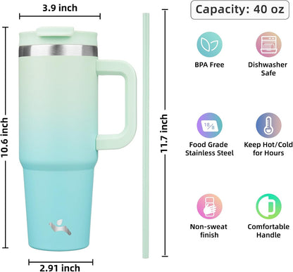 40 oz Insulated Tumbler Water Bottle with Handle, Straw Lid | BPA-free and dishwasher safe; made for gym, travel, coffee and gifting, 2 straws, cup holder friendly,Indigo Black
