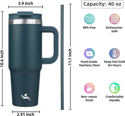 40 oz Insulated Tumbler Water Bottle with Handle, Straw Lid | BPA-free and dishwasher safe; made for gym, travel, coffee and gifting, 2 straws, cup holder friendly,Indigo Black