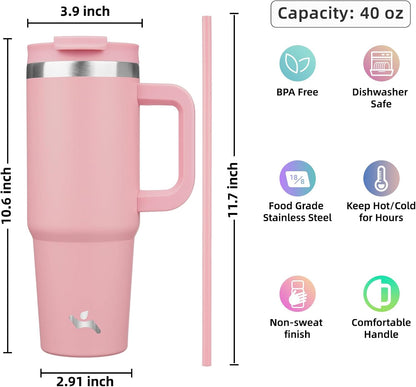 40 oz Insulated Tumbler Water Bottle with Handle, Straw Lid | BPA-free and dishwasher safe; made for gym, travel, coffee and gifting, 2 straws, cup holder friendly,Indigo Black