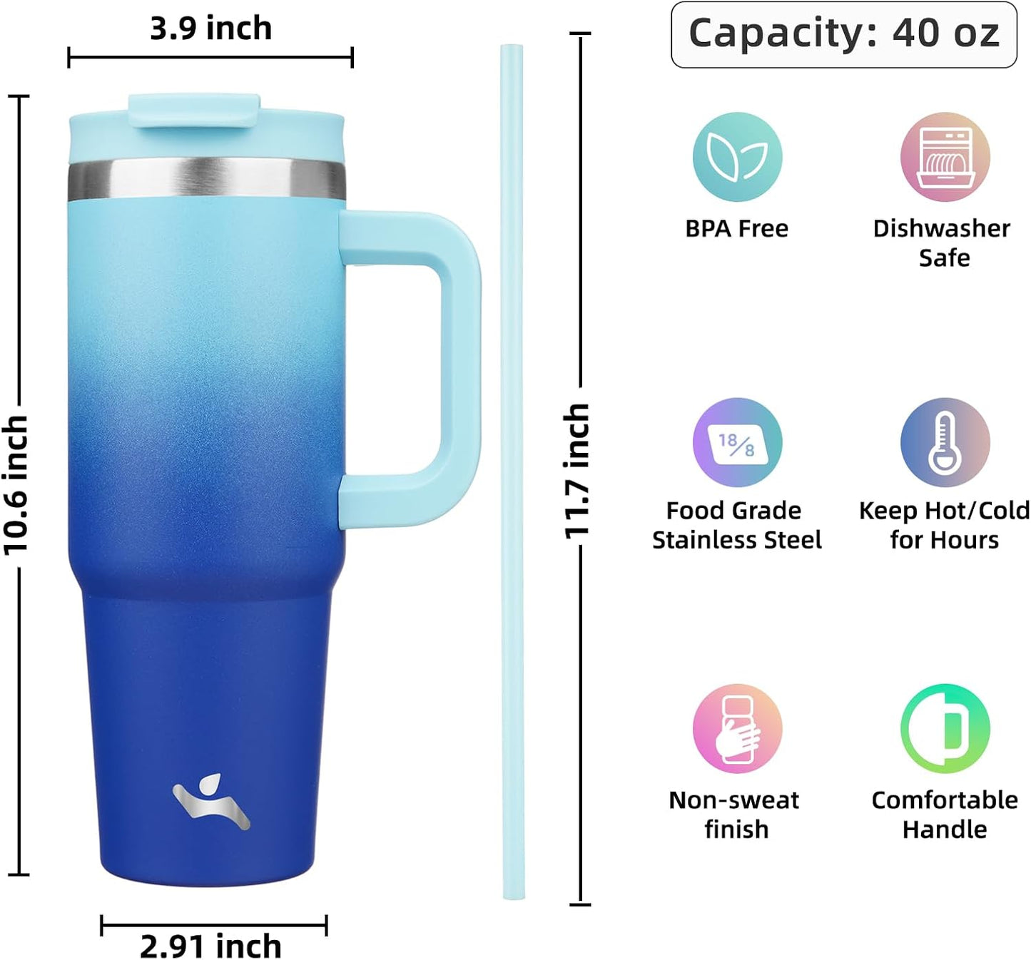 40 oz Insulated Tumbler Water Bottle with Handle, Straw Lid | BPA-free and dishwasher safe; made for gym, travel, coffee and gifting, 2 straws, cup holder friendly,Indigo Black