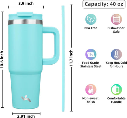 40 oz Insulated Tumbler Water Bottle with Handle, Straw Lid | BPA-free and dishwasher safe; made for gym, travel, coffee and gifting, 2 straws, cup holder friendly,Indigo Black