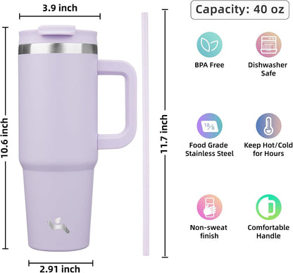 40 oz Insulated Tumbler Water Bottle with Handle, Straw Lid | BPA-free and dishwasher safe; made for gym, travel, coffee and gifting, 2 straws, cup holder friendly,Indigo Black