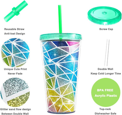 22oz Cute Glitter Tumbler Cups with Lid and Straw, Colorful | Double Wall Insulated Acrylic Cup