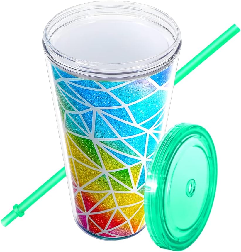 22oz Cute Glitter Tumbler Cups with Lid and Straw, Colorful | Double Wall Insulated Acrylic Cup