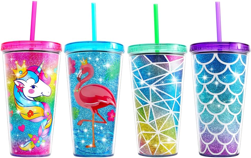 22oz Cute Glitter Tumbler Cups with Lid and Straw, Colorful | Double Wall Insulated Acrylic Cup