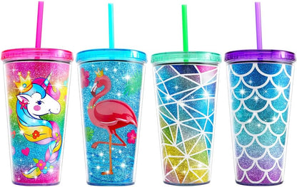 22oz Cute Glitter Tumbler Cups with Lid and Straw, Colorful | Double Wall Insulated Acrylic Cup