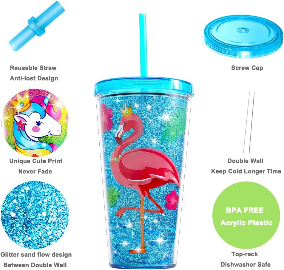 22oz Cute Glitter Tumbler Cups with Lid and Straw, Colorful | Double Wall Insulated Acrylic Cup
