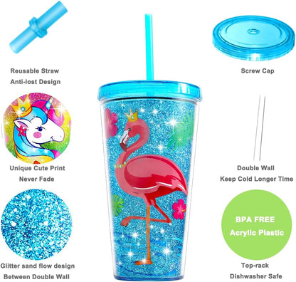 22oz Cute Glitter Tumbler Cups with Lid and Straw, Colorful | Double Wall Insulated Acrylic Cup