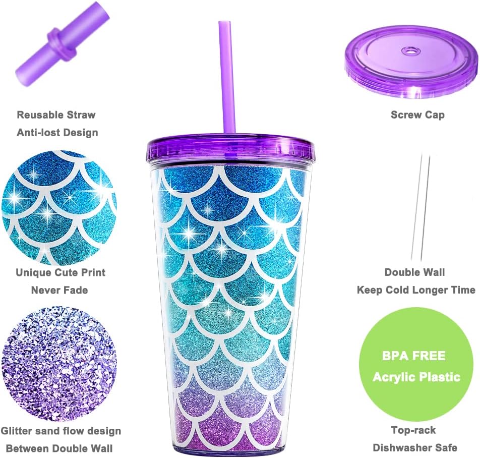 22oz Cute Glitter Tumbler Cups with Lid and Straw, Colorful | Double Wall Insulated Acrylic Cup