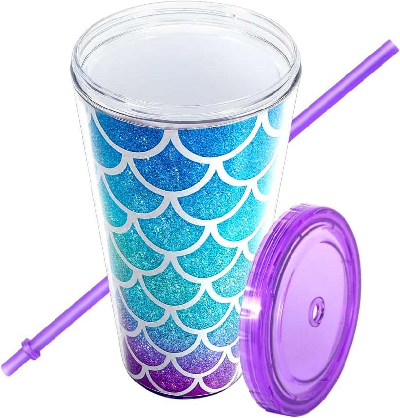22oz Cute Glitter Tumbler Cups with Lid and Straw, Colorful | Double Wall Insulated Acrylic Cup