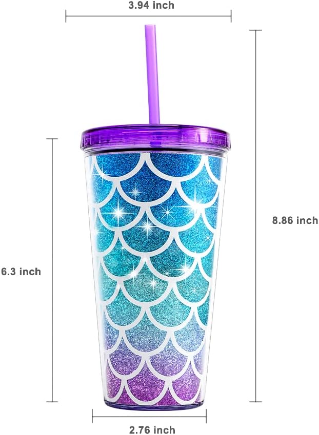 22oz Cute Glitter Tumbler Cups with Lid and Straw, Colorful | Double Wall Insulated Acrylic Cup