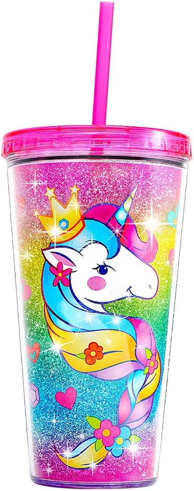 22oz Cute Glitter Tumbler Cups with Lid and Straw, Colorful | Double Wall Insulated Acrylic Cup
