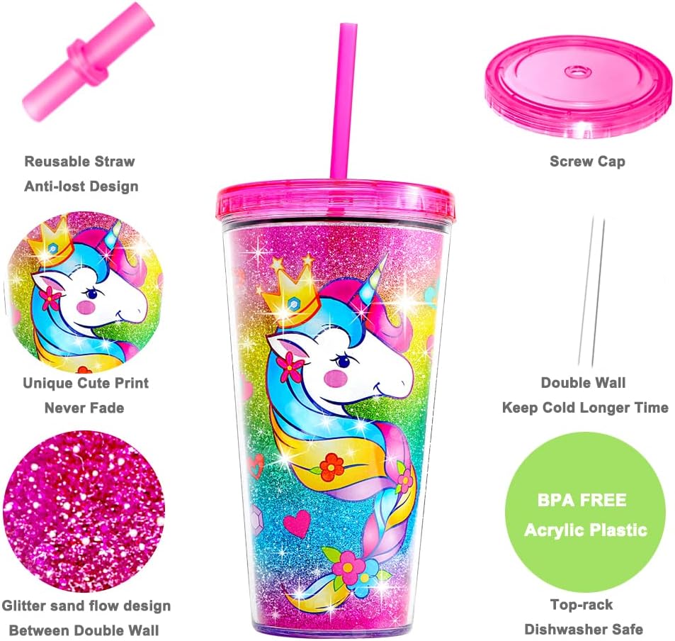 22oz Cute Glitter Tumbler Cups with Lid and Straw, Colorful | Double Wall Insulated Acrylic Cup