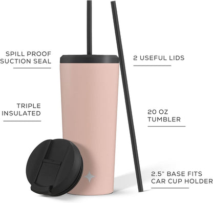 Triple Insulated 20oz Tumbler with Lid and Straw (2 Each) Vacuum Double Wall Stainless Steel Tumbler, Copper Lined for 12Hr Hold/Cold Drinks. Leakproof Water Bottle, Tea or Iced Coffee Cup