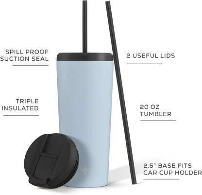Triple Insulated 20oz Tumbler with Lid and Straw (2 Each) Vacuum Double Wall Stainless Steel Tumbler, Copper Lined for 12Hr Hold/Cold Drinks. Leakproof Water Bottle, Tea or Iced Coffee Cup