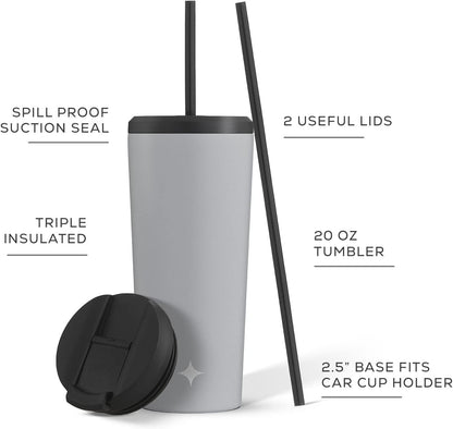 Triple Insulated 20oz Tumbler with Lid and Straw (2 Each) Vacuum Double Wall Stainless Steel Tumbler, Copper Lined for 12Hr Hold/Cold Drinks. Leakproof Water Bottle, Tea or Iced Coffee Cup