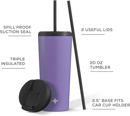 Triple Insulated 20oz Tumbler with Lid and Straw (2 Each) Vacuum Double Wall Stainless Steel Tumbler, Copper Lined for 12Hr Hold/Cold Drinks. Leakproof Water Bottle, Tea or Iced Coffee Cup
