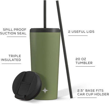 Triple Insulated 20oz Tumbler with Lid and Straw (2 Each) Vacuum Double Wall Stainless Steel Tumbler, Copper Lined for 12Hr Hold/Cold Drinks. Leakproof Water Bottle, Tea or Iced Coffee Cup