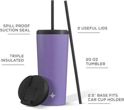 Triple Insulated 20oz Tumbler with Lid and Straw (2 Each) Vacuum Double Wall Stainless Steel Tumbler, Copper Lined for 12Hr Hold/Cold Drinks. Leakproof Water Bottle, Tea or Iced Coffee Cup