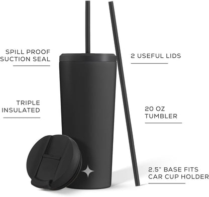 Triple Insulated 20oz Tumbler with Lid and Straw (2 Each) Vacuum Double Wall Stainless Steel Tumbler, Copper Lined for 12Hr Hold/Cold Drinks. Leakproof Water Bottle, Tea or Iced Coffee Cup