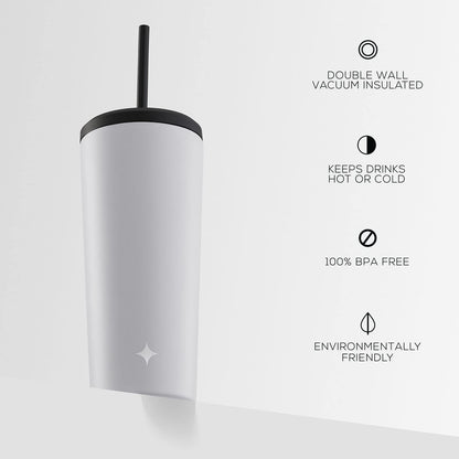 Triple Insulated 20oz Tumbler with Lid and Straw (2 Each) Vacuum Double Wall Stainless Steel Tumbler, Copper Lined for 12Hr Hold/Cold Drinks. Leakproof Water Bottle, Tea or Iced Coffee Cup