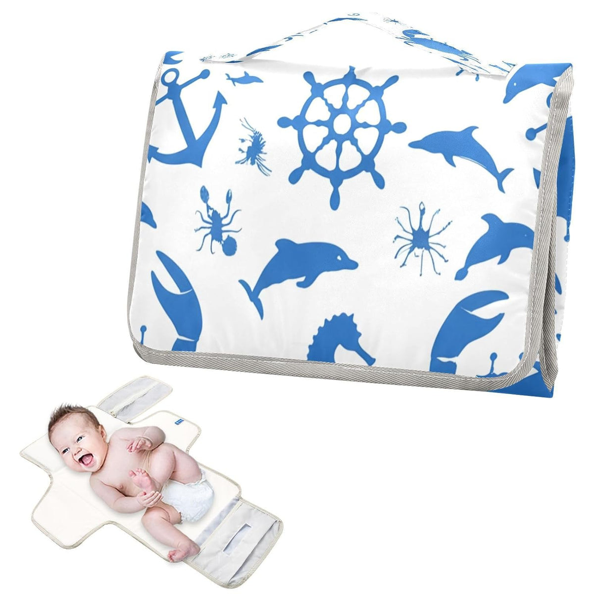Oceanic Silhouette Portable Diaper Changing Pad, Waterproof Baby Changing Mat with Storage Pocket & Built-in Pillow, Foldable Travel Pad, Newborn Gift Set for Boy Girl