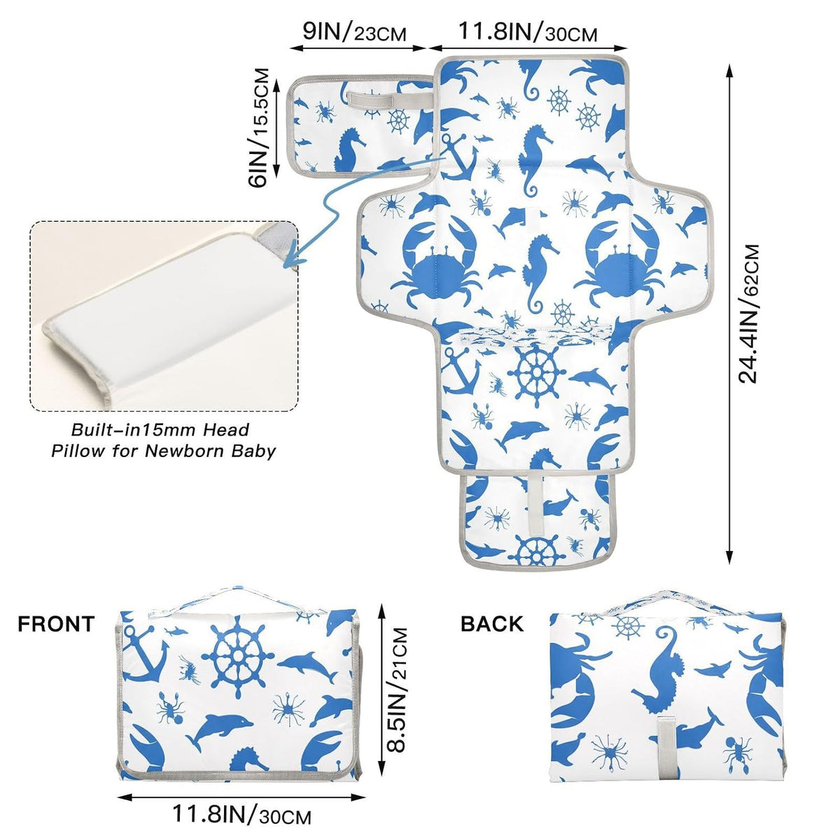 Oceanic Silhouette Portable Diaper Changing Pad, Waterproof Baby Changing Mat with Storage Pocket & Built-in Pillow, Foldable Travel Pad, Newborn Gift Set for Boy Girl