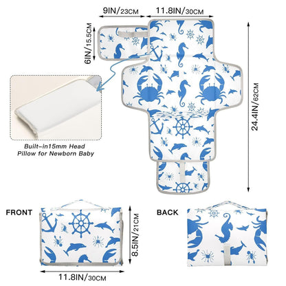 Oceanic Silhouette Portable Diaper Changing Pad, Waterproof Baby Changing Mat with Storage Pocket & Built-in Pillow, Foldable Travel Pad, Newborn Gift Set for Boy Girl