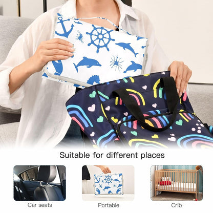 Oceanic Silhouette Portable Diaper Changing Pad, Waterproof Baby Changing Mat with Storage Pocket & Built-in Pillow, Foldable Travel Pad, Newborn Gift Set for Boy Girl