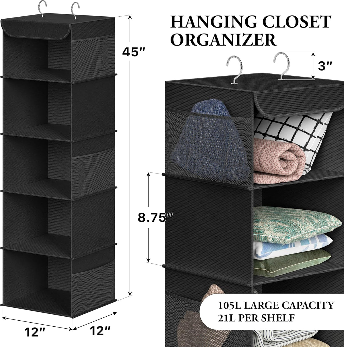 5 Shelf Hanging Closet Organizer, Gray