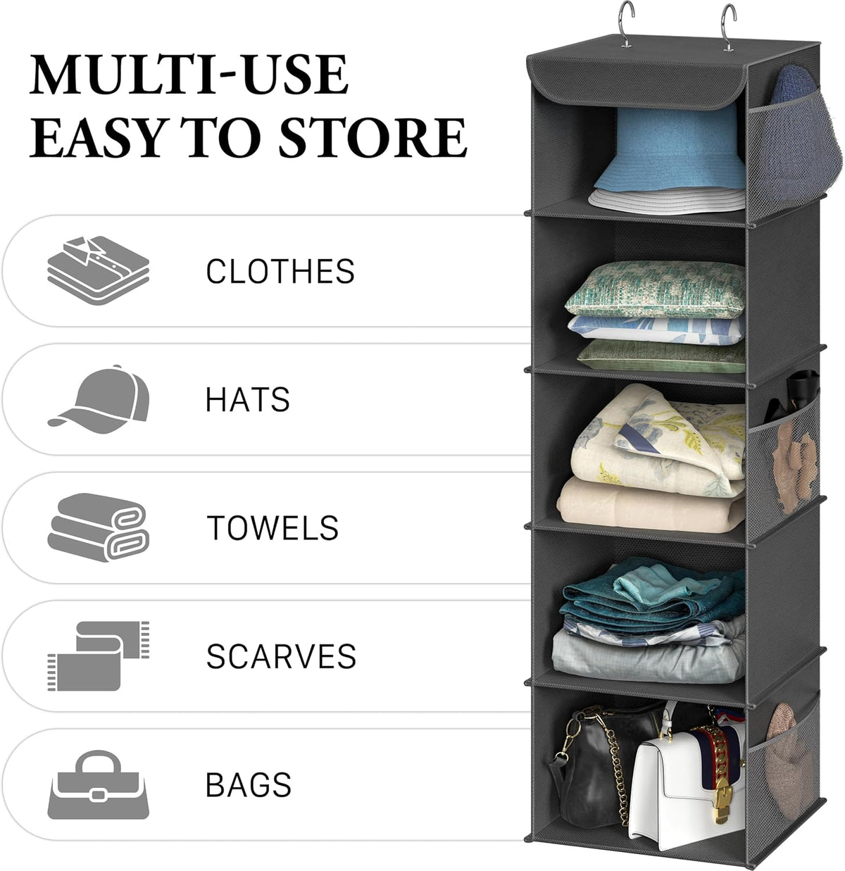 5 Shelf Hanging Closet Organizer, Gray