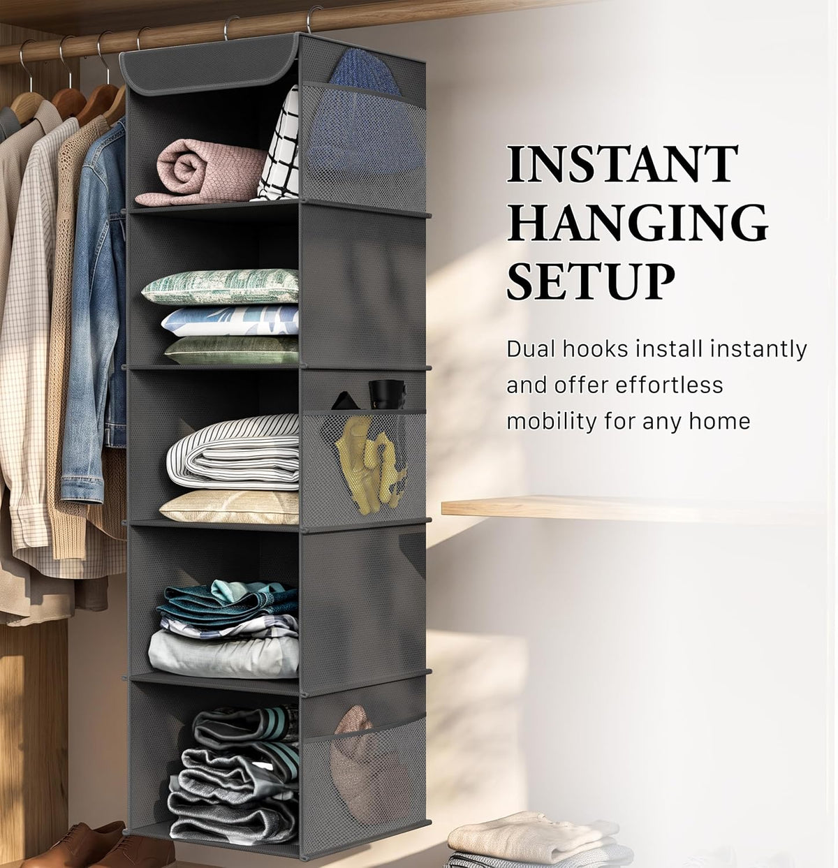 5 Shelf Hanging Closet Organizer, Gray