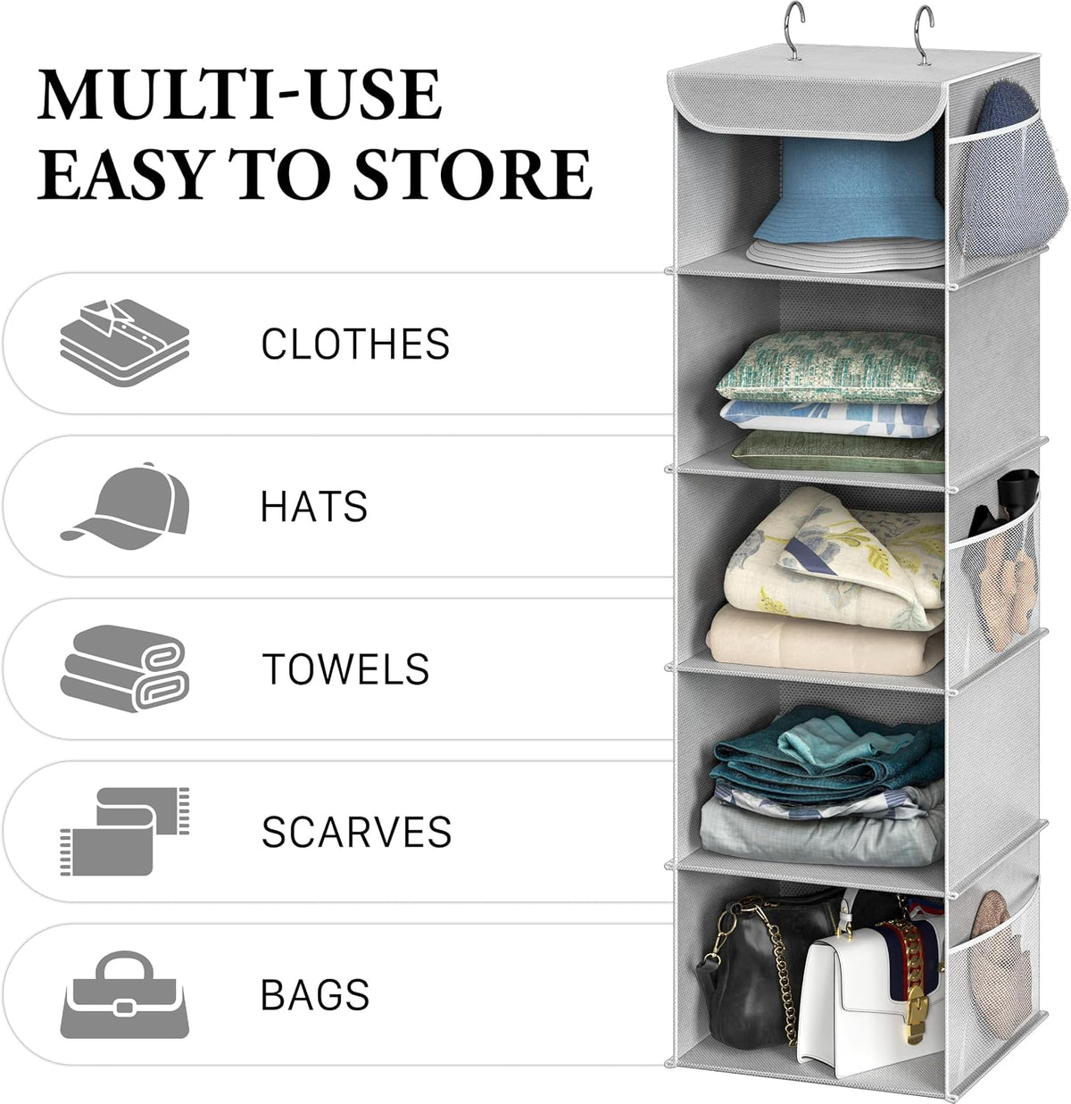 5 Shelf Hanging Closet Organizer, Gray