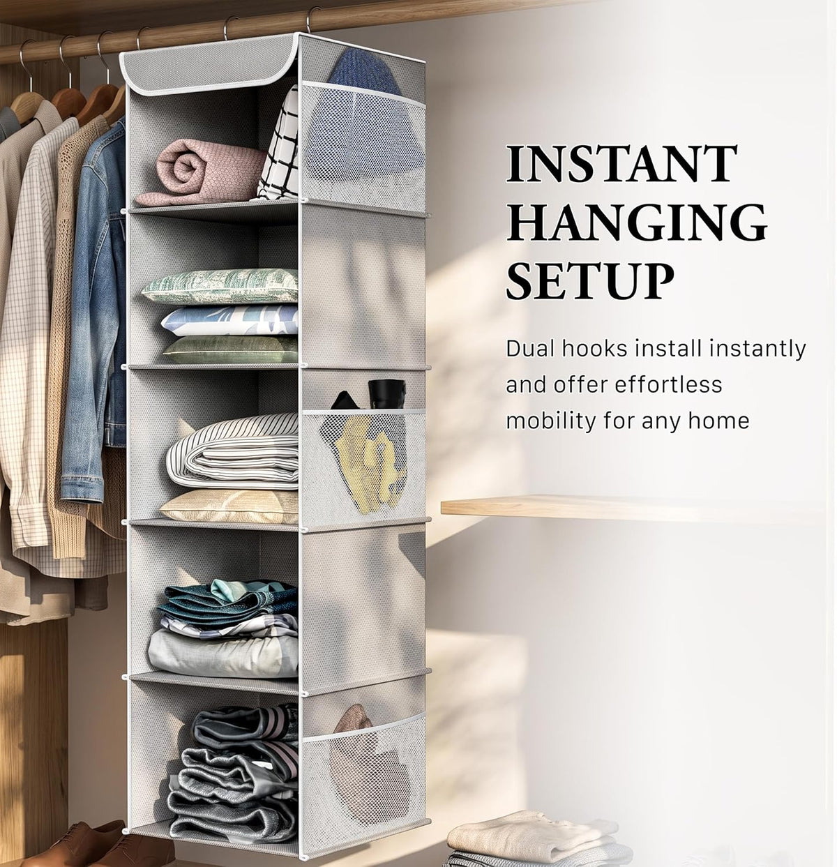 5 Shelf Hanging Closet Organizer, Gray