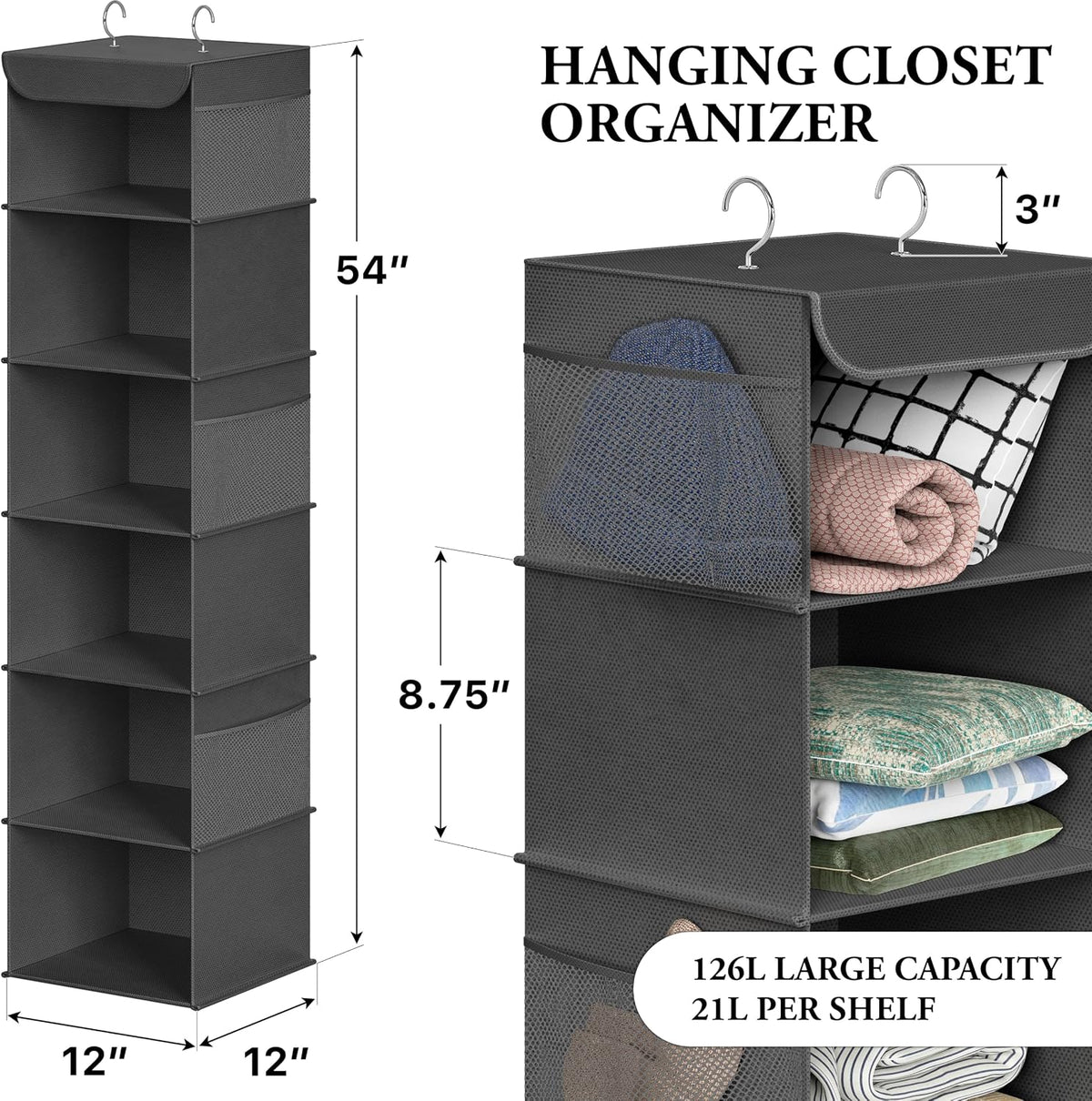 5 Shelf Hanging Closet Organizer, Gray